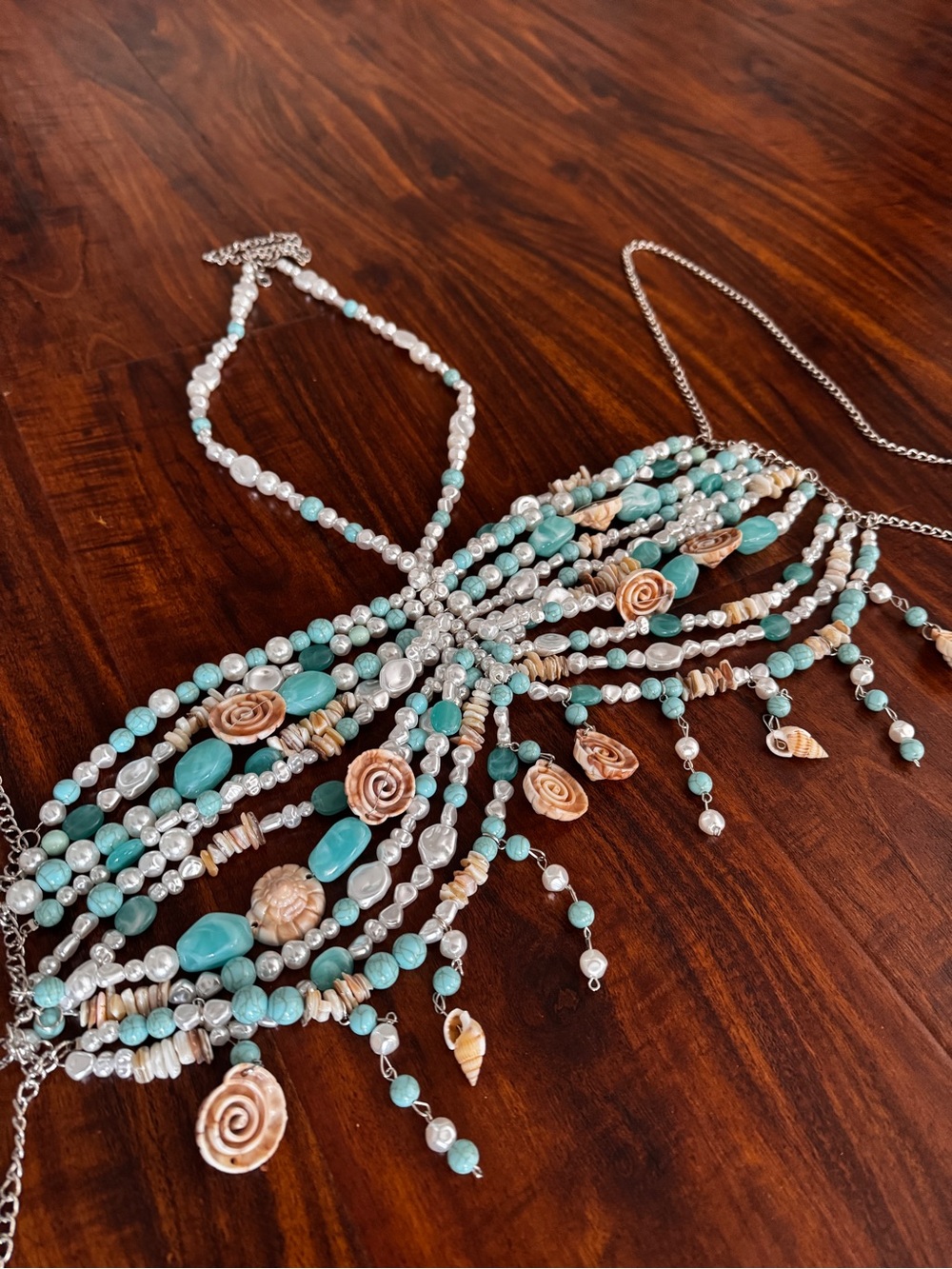 Turquoise Shell and Pearl Beaded Multi-Strand Chain Festival Top
